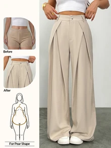 Vivamere Women's Suit Wide Leg Pants With Pleated Detailing,Petite Women Teachers' Day Office Business Beige Summer Casual - Khaki - View 11