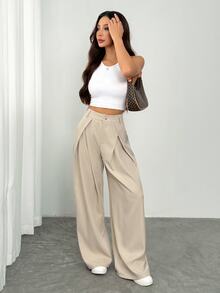Vivamere Women's Suit Wide Leg Pants With Pleated Detailing,Petite Women Teachers' Day Office Business Beige Summer Casual - Khaki - View 4