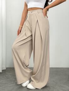 Vivamere Women's Suit Wide Leg Pants With Pleated Detailing,Petite Women Teachers' Day Office Business Beige Summer Casual - Khaki - View 6