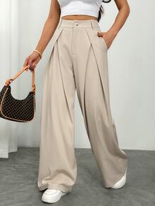 Vivamere Women's Suit Wide Leg Pants With Pleated Detailing,Petite Women Teachers' Day Office Business Beige Summer Casual - Khaki - View 5