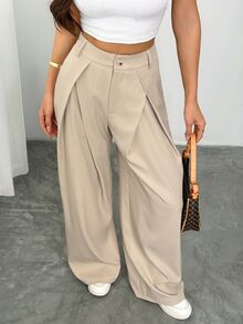 Vivamere Women's Suit Wide Leg Pants With Pleated Detailing,Petite Women Teachers' Day Office Business Beige Summer Casual - Khaki - View 8