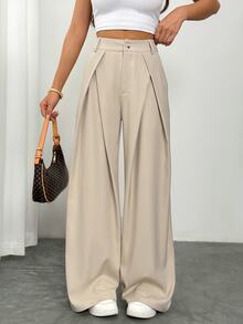 Vivamere Women's Suit Wide Leg Pants With Pleated Detailing,Petite Women Teachers' Day Office Business Beige Summer Casual - Khaki - View 7