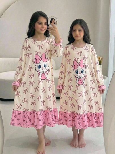 SHEIN Tween Girl Autumn/Winter Sweet Leopard Print Bow Cartoon Cat Bow Print Patchwork Ruffle Long Sleeve Round Neck Pullover Long Dress Loungewear Sleepwear Pink