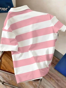 Manfinity Joysei Men's Contrast Stripe & Letter Print Polo Shirt - Baby Pink - View 3