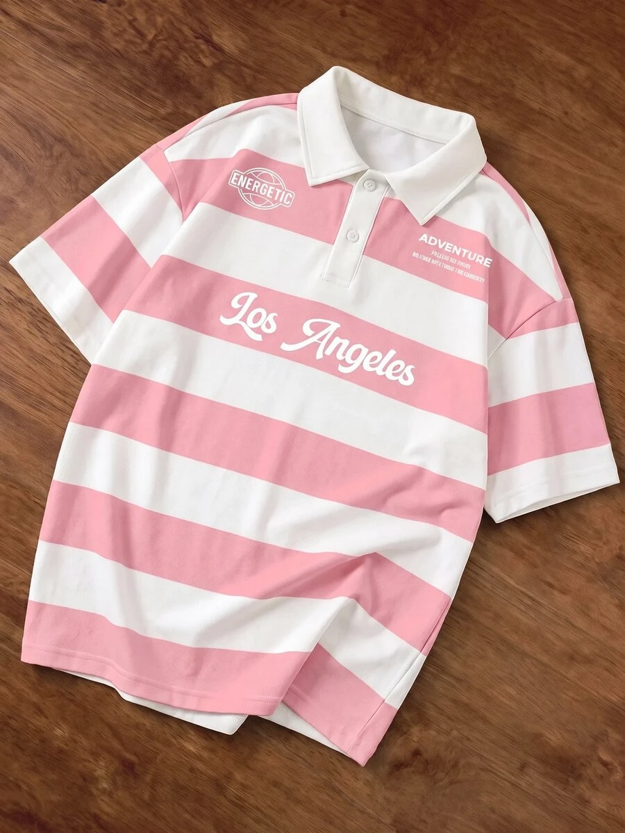 Manfinity Joysei Men's Contrast Stripe & Letter Print Polo Shirt - Baby Pink - View 1