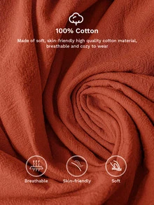 SHEIN LUNE CURVE Plus Size Round Neck Pleated 3/4 Sleeve Decorative Button Cuff Pockets Casual Loose Pure Cotton Dress Fall Thanksgiving Brown Formal Holiday - Burnt Orange - View 4