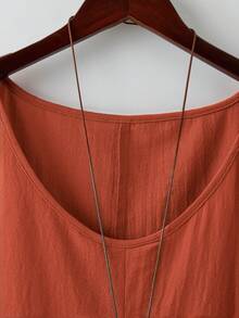SHEIN LUNE CURVE Plus Size Round Neck Pleated 3/4 Sleeve Decorative Button Cuff Pockets Casual Loose Pure Cotton Dress Fall Thanksgiving Brown Formal Holiday - Burnt Orange - View 6