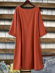 SHEIN LUNE CURVE Plus Size Round Neck Pleated 3/4 Sleeve Decorative Button Cuff Pockets Casual Loose Pure Cotton Dress Fall Thanksgiving Brown Formal Holiday - Burnt Orange - View 2