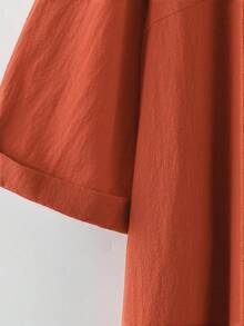 SHEIN LUNE CURVE Plus Size Round Neck Pleated 3/4 Sleeve Decorative Button Cuff Pockets Casual Loose Pure Cotton Dress Fall Thanksgiving Brown Formal Holiday - Burnt Orange - View 5