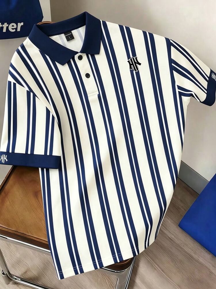 Manfinity Joysei Men's Casual Minimalist Blue & White Striped Print Polo Shirt - Blue - View 2
