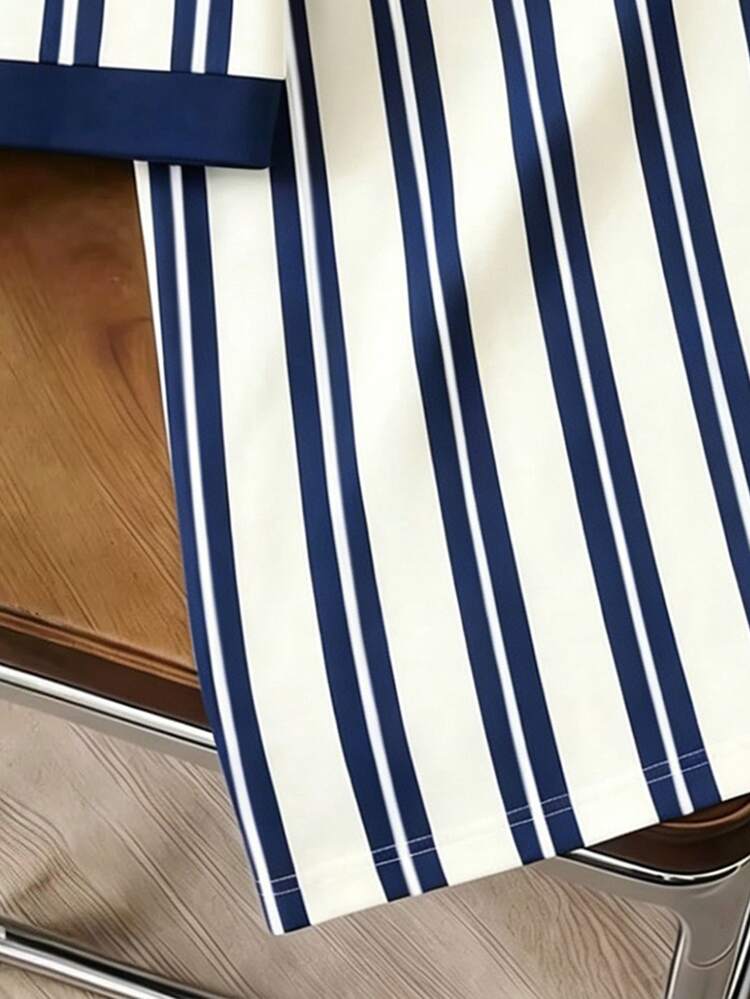 Manfinity Joysei Men's Casual Minimalist Blue & White Striped Print Polo Shirt - Blue - View 4