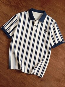 Manfinity Joysei 男士休閒簡約藍白條紋印花 Polo 衫 - 藍色 - 查看 1