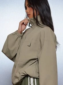 MISSGUIDED Oversized Utility Zip-Up Jacket With Stand Collar Elastic Cuffs And Flap Chest Pockets Lightweight Outerwear For Fall Winter - Green - View 5