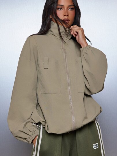 MISSGUIDED Veste utilitaire surdimensionnée zippée avec col montant, poignets élastiques et poches poitrine à rabat, vêtement d'extérieur léger pour l'automne et l'hiver