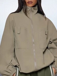 MISSGUIDED Oversized Utility Zip-Up Jacket With Stand Collar Elastic Cuffs And Flap Chest Pockets Lightweight Outerwear For Fall Winter - Green - View 2