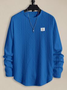 EASEVO Men's Plus Size Loose Knit Wheat Ear Argyle Long Sleeve Crew Neck T-Shirt - Blue - View 1