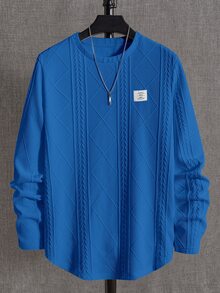 EASEVO Men's Plus Size Loose Knit Wheat Ear Argyle Long Sleeve Crew Neck T-Shirt - Blue - View 6