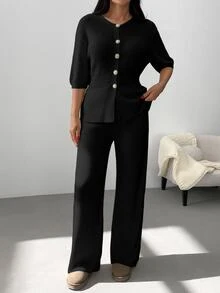 SHEIN Cottnline Plus Size Women Solid Color Front Button Rib Knit Cardigan Sweater Pants Set Formal Black Winter Casual Business Casual Elegant Evening Office - Black - View 9