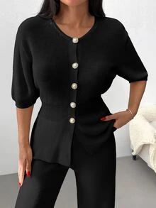 SHEIN Cottnline Plus Size Women Solid Color Front Button Rib Knit Cardigan Sweater Pants Set Formal Black Winter Casual Business Casual Elegant Evening Office - Black - View 6
