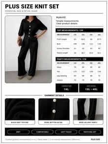 SHEIN Cottnline Plus Size Women Solid Color Front Button Rib Knit Cardigan Sweater Pants Set Formal Black Winter Casual Business Casual Elegant Evening Office - Black - View 5