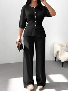 SHEIN Cottnline Plus Size Women Solid Color Front Button Rib Knit Cardigan Sweater Pants Set Formal Black Winter Casual Business Casual Elegant Evening Office - Black - View 7