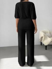 SHEIN Cottnline Plus Size Women Solid Color Front Button Rib Knit Cardigan Sweater Pants Set Formal Black Winter Casual Business Casual Elegant Evening Office - Black - View 3
