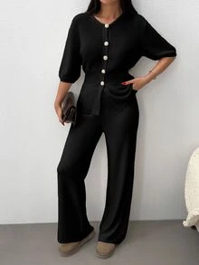 SHEIN Cottnline Plus Size Women Solid Color Front Button Rib Knit Cardigan Sweater Pants Set Formal Black Winter Casual Business Casual Elegant Evening Office - Black - View 4