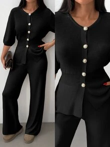 SHEIN Cottnline Plus Size Women Solid Color Front Button Rib Knit Cardigan Sweater Pants Set Formal Black Winter Casual Business Casual Elegant Evening Office - Black - View 2