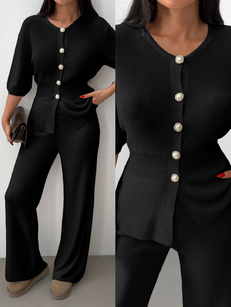 SHEIN Cottnline Plus Size Women Solid Color Front Button Rib Knit Cardigan Sweater Pants Set Formal Black Winter Casual Business Casual Elegant Evening Office