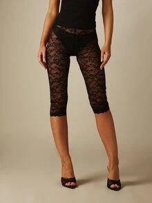 MISSGUIDED Sheer Floral Lace Cropped Leggings With High Rise Brief Lining And Scalloped Trim Detail - Black - View 4