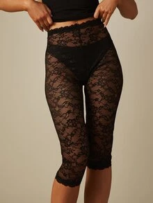 MISSGUIDED Sheer Floral Lace Cropped Leggings With High Rise Brief Lining And Scalloped Trim Detail - Black - View 1
