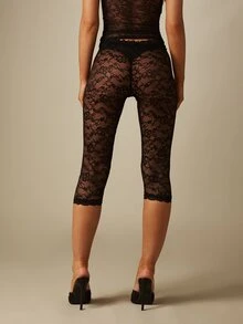 MISSGUIDED Sheer Floral Lace Cropped Leggings With High Rise Brief Lining And Scalloped Trim Detail - Black - View 2
