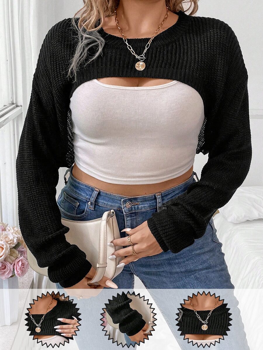 Elenzga Plus Size Women's Asymmetrical Round Neck Loose Casual Knitted Short Cropped Top, Floral Jacquard Knit Daily Black Pullover Sweater Fall Winter Autumn - Black - View 1