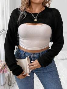 Elenzga Plus Size Women's Asymmetrical Round Neck Loose Casual Knitted Short Cropped Top, Floral Jacquard Knit Daily Black Pullover Sweater Fall Winter Autumn - Black - View 3