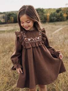 Emery Rose Kids Emery Rose Kids Young Girl Woven Solid Color Floral Pattern Ruffle Hem Casual Dress - Coffee Brown - View 2