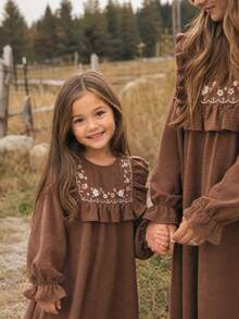 Emery Rose Kids Emery Rose Kids Young Girl Woven Solid Color Floral Pattern Ruffle Hem Casual Dress - Coffee Brown - View 4