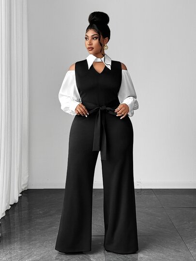 Maweii Jumpsuit nữ size lớn gợi cảm quần dài phối màu đen trắng, phong cách công sở đi làm hàng ngày, cổ sơ mi cổ chữ V, thắt eo, vai trễ, thiết kế cut-out