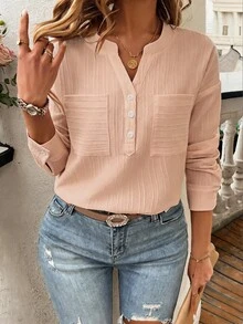 Franclia 女士休闲度假通勤纯色纹理面料缺角领拼接口袋落肩宽松衬衫，春秋季 - 藕粉色 - 查看 7