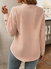 Franclia 女士休闲度假通勤纯色纹理面料缺角领拼接口袋落肩宽松衬衫，春秋季 - 藕粉色 - 查看 2