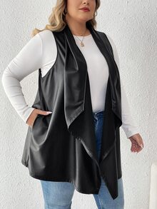 SHEIN CURVE+ 大码女式纯色瀑布领 PU 皮革无袖休闲夹克 - 黑色 - 查看 9