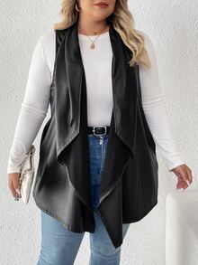 SHEIN CURVE+ 大码女式纯色瀑布领 PU 皮革无袖休闲夹克 - 黑色 - 查看 5