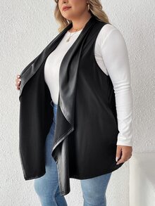 SHEIN CURVE+ 大码女式纯色瀑布领 PU 皮革无袖休闲夹克 - 黑色 - 查看 3