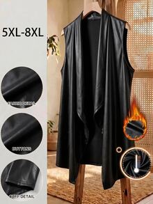 SHEIN CURVE+ 大码女式纯色瀑布领 PU 皮革无袖休闲夹克 - 黑色 - 查看 1