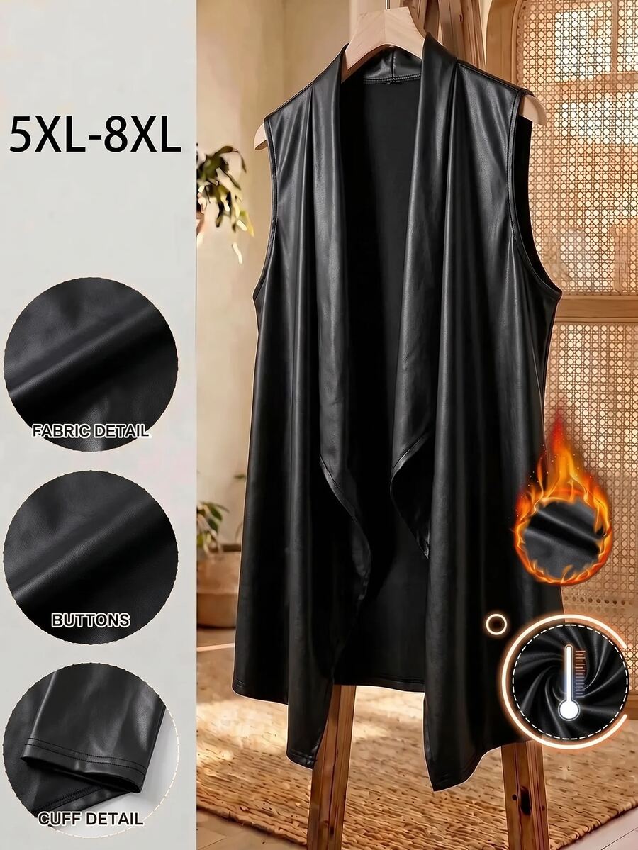 SHEIN CURVE+ 大码女式纯色瀑布领 PU 皮革无袖休闲夹克 - 黑色 - 查看 1