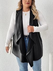 SHEIN CURVE+ 大码女式纯色瀑布领 PU 皮革无袖休闲夹克 - 黑色 - 查看 4