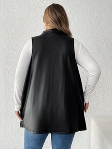 SHEIN CURVE+ 大码女式纯色瀑布领 PU 皮革无袖休闲夹克 - 黑色 - 查看 2