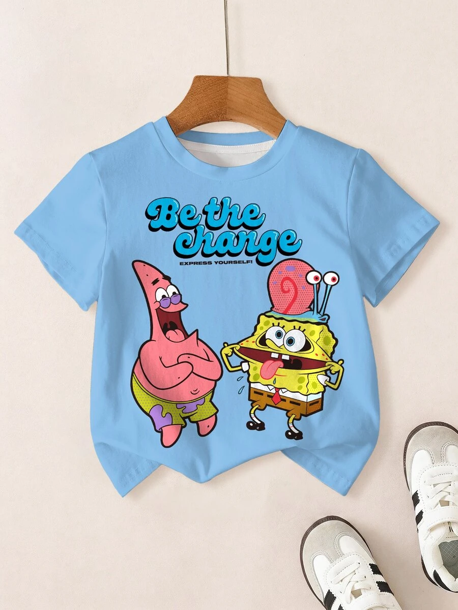 SpongeBob SquarePants | SHEIN Young Boy Cartoon Print Crew Neck Short Sleeve T-Shirt - White - View 1