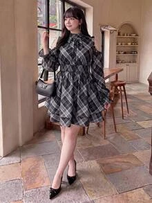 Bijouette Plus Size Women's Plaid Casual Daily Summer Dress - Black - View 8