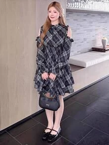 Bijouette Plus Size Women's Plaid Casual Daily Summer Dress - Black - View 9