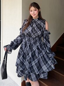 Bijouette Plus Size Women's Plaid Casual Daily Summer Dress - Black - View 6